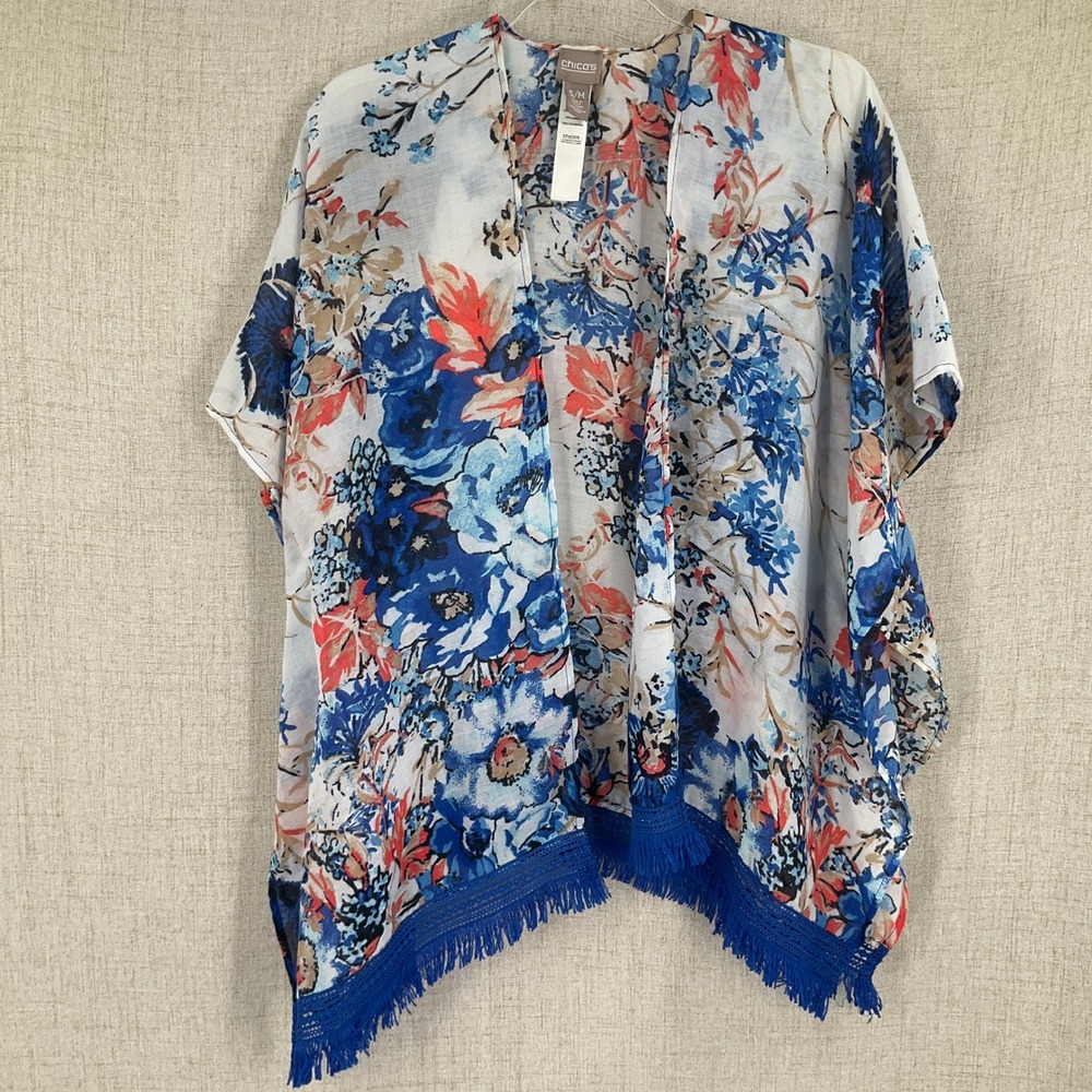 Chico's‎ Floral Kimono Women S/M Blue Fringe Boho Coastal Wrap Top NEW